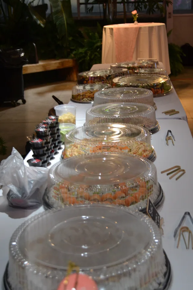 Platters arranged along a serving table